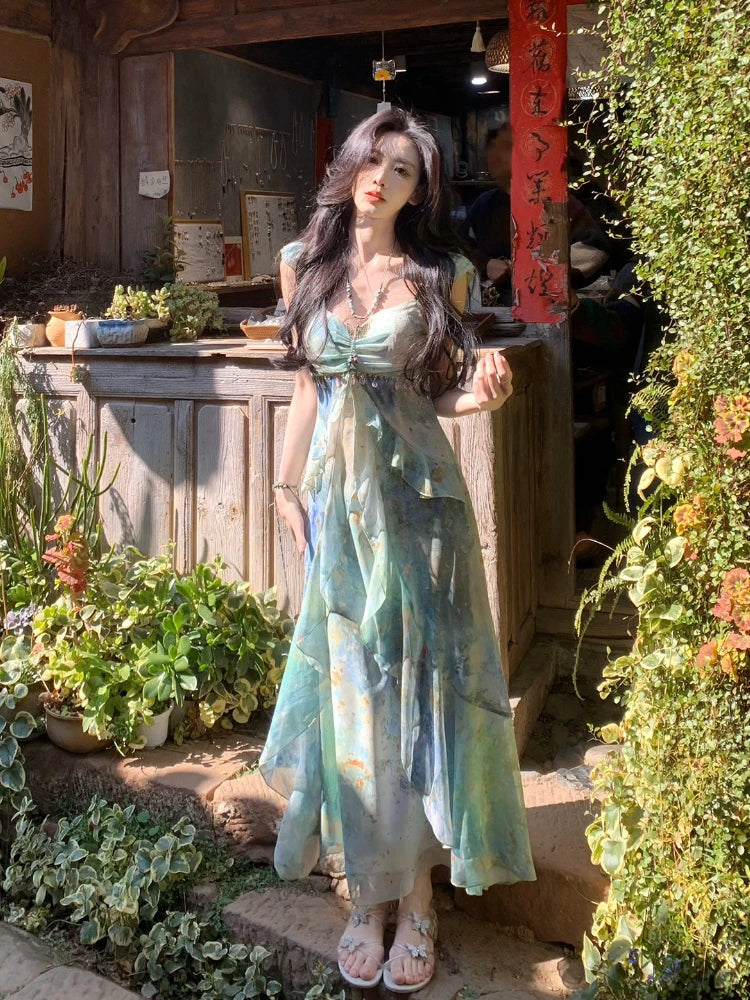 Lunarie Fairy Elegance Dress: Vintage Midi with Ruffles and A-Line Silhouette for Autumn