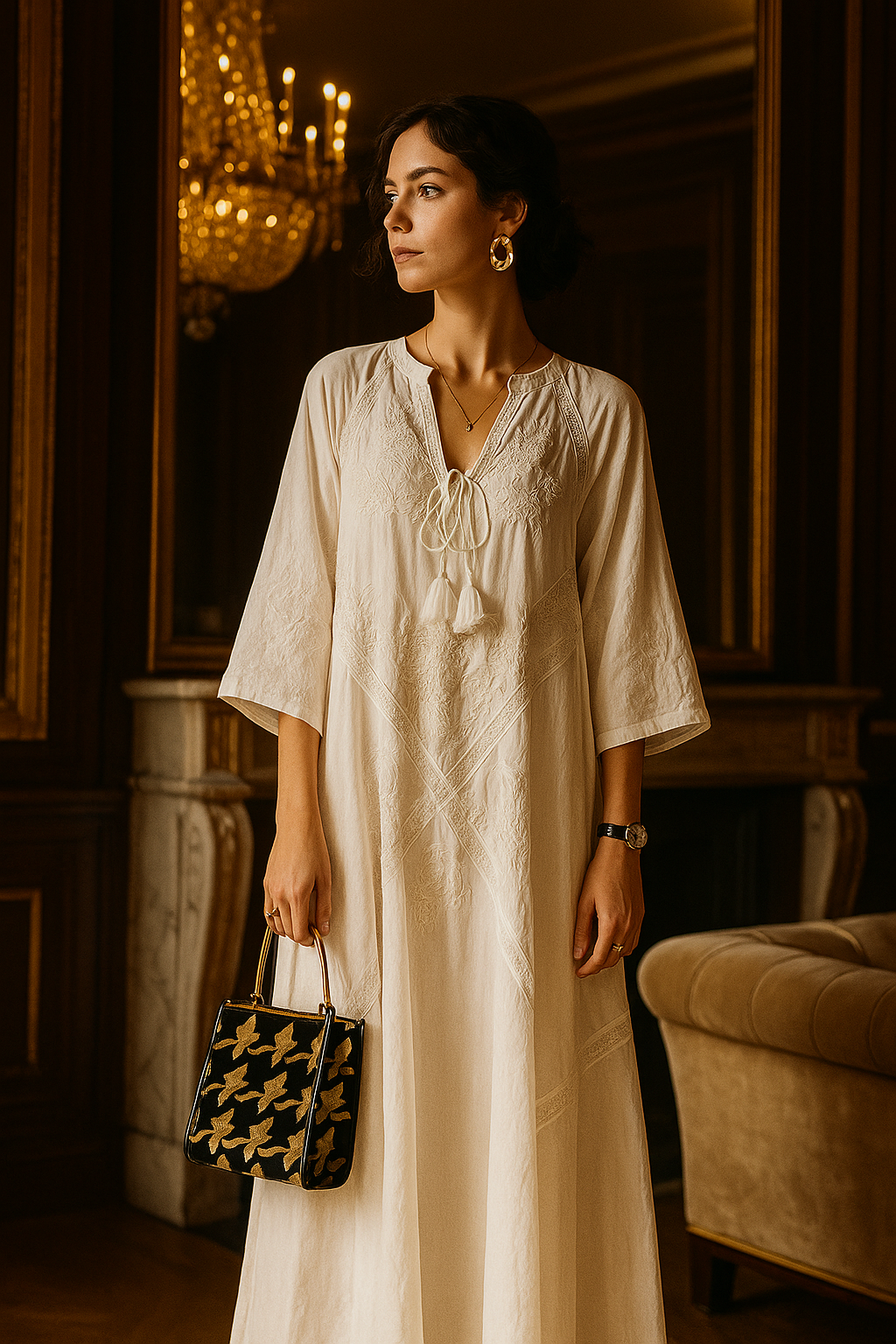 Lunarie Breeze Dress: Oversized Cotton-Linen Maxi with Embroidery and V-Neck