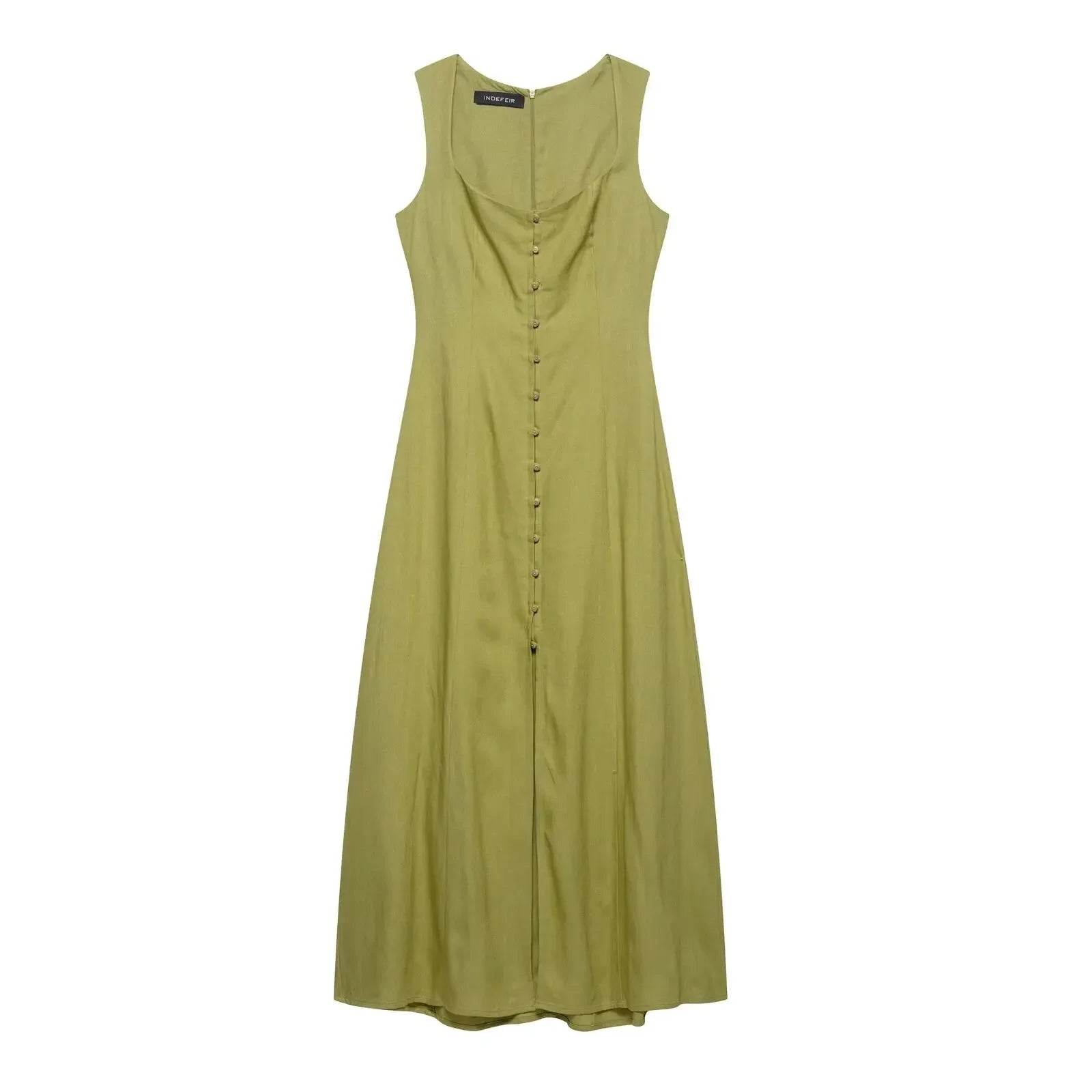 Lunarie Belle Éclat Dress: Chic Boho Midi with Square Neckline and Sophisticated Button Details