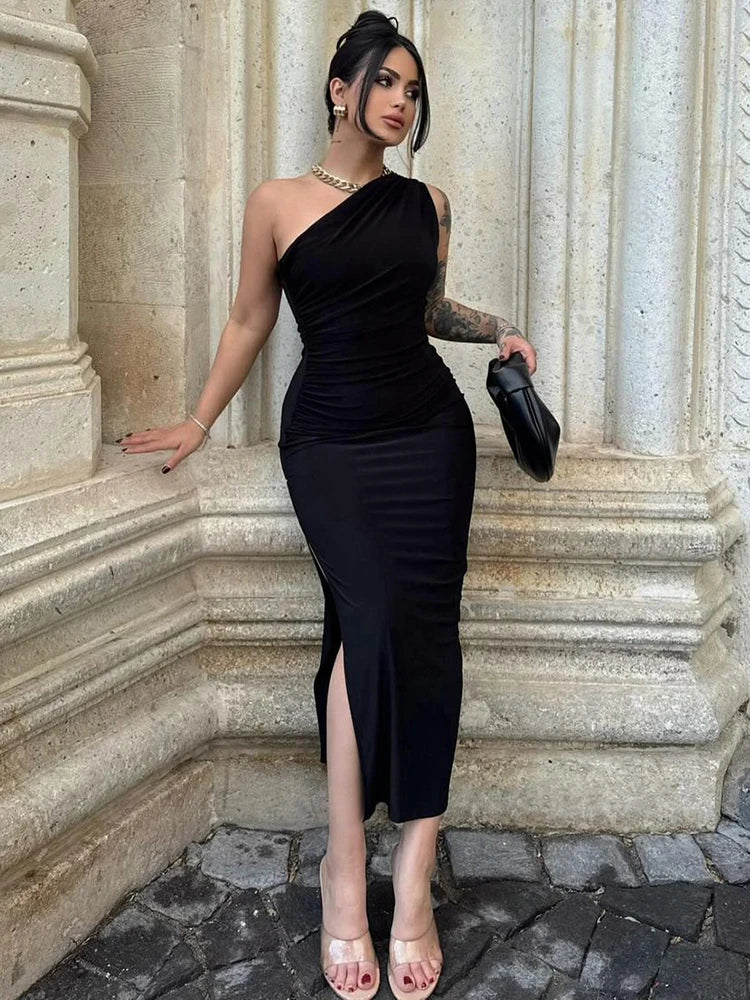 Lunarie Black Sheath Dress: Sexy Split Elegance for Memorable Nights