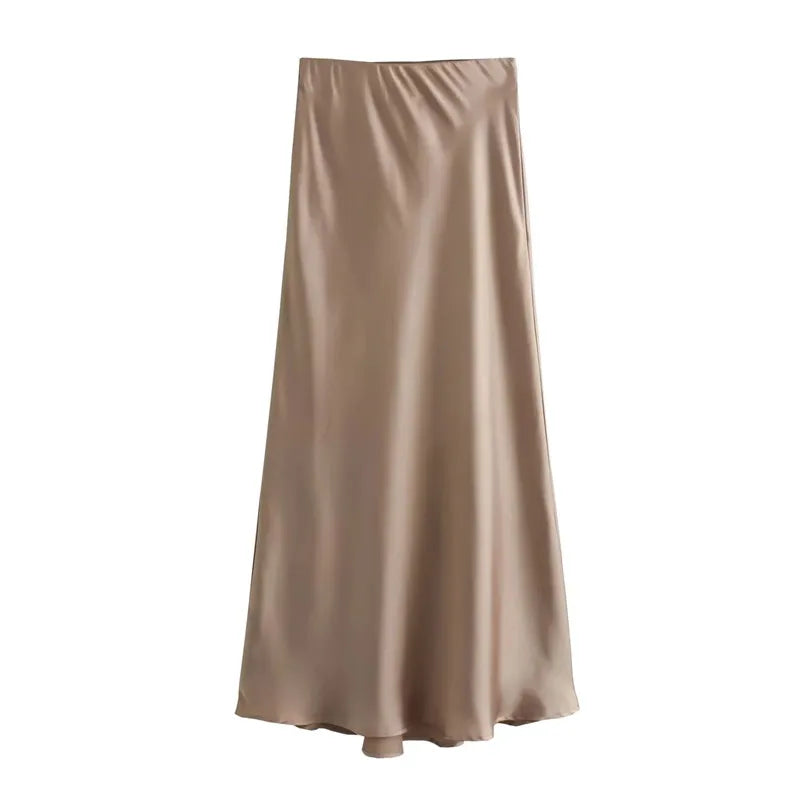 Lunarie Satin Elegance Skirt: High-Waist Midi Flow for Modern Women