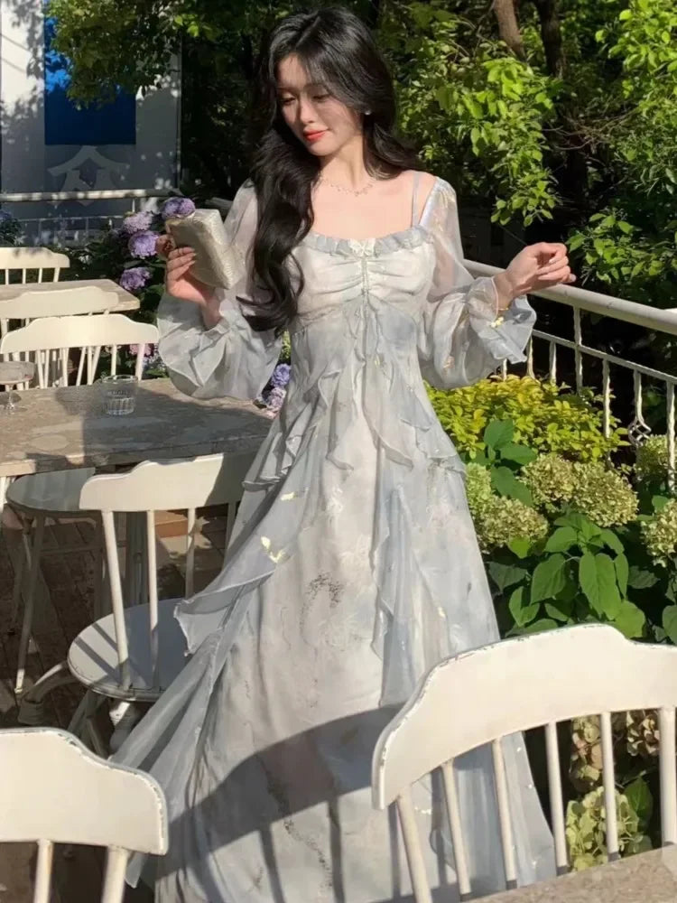 Lunarie Fairy Elegance Dress: Vintage Midi with Ruffles and A-Line Silhouette for Autumn