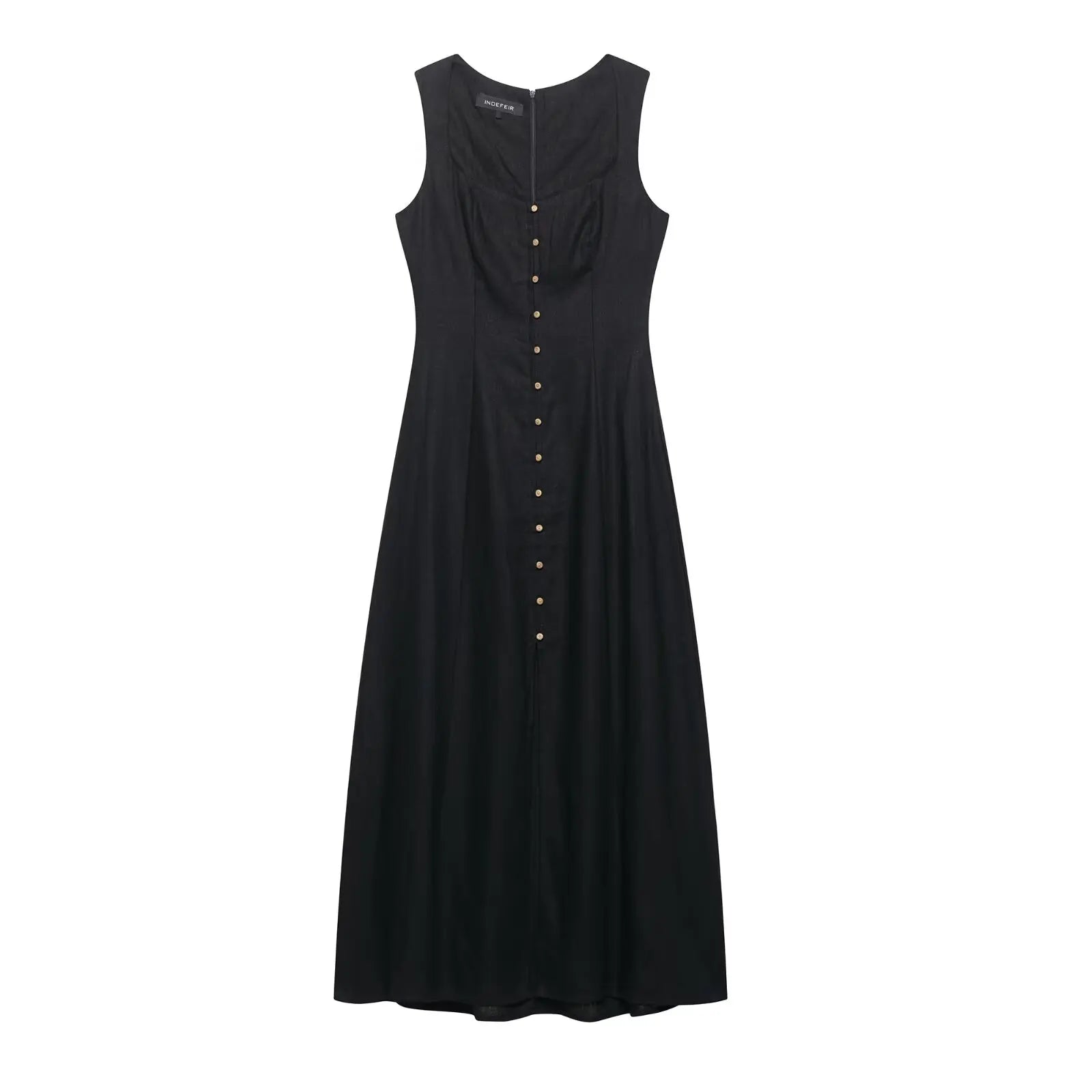 Lunarie Belle Éclat Dress: Chic Boho Midi with Square Neckline and Sophisticated Button Details