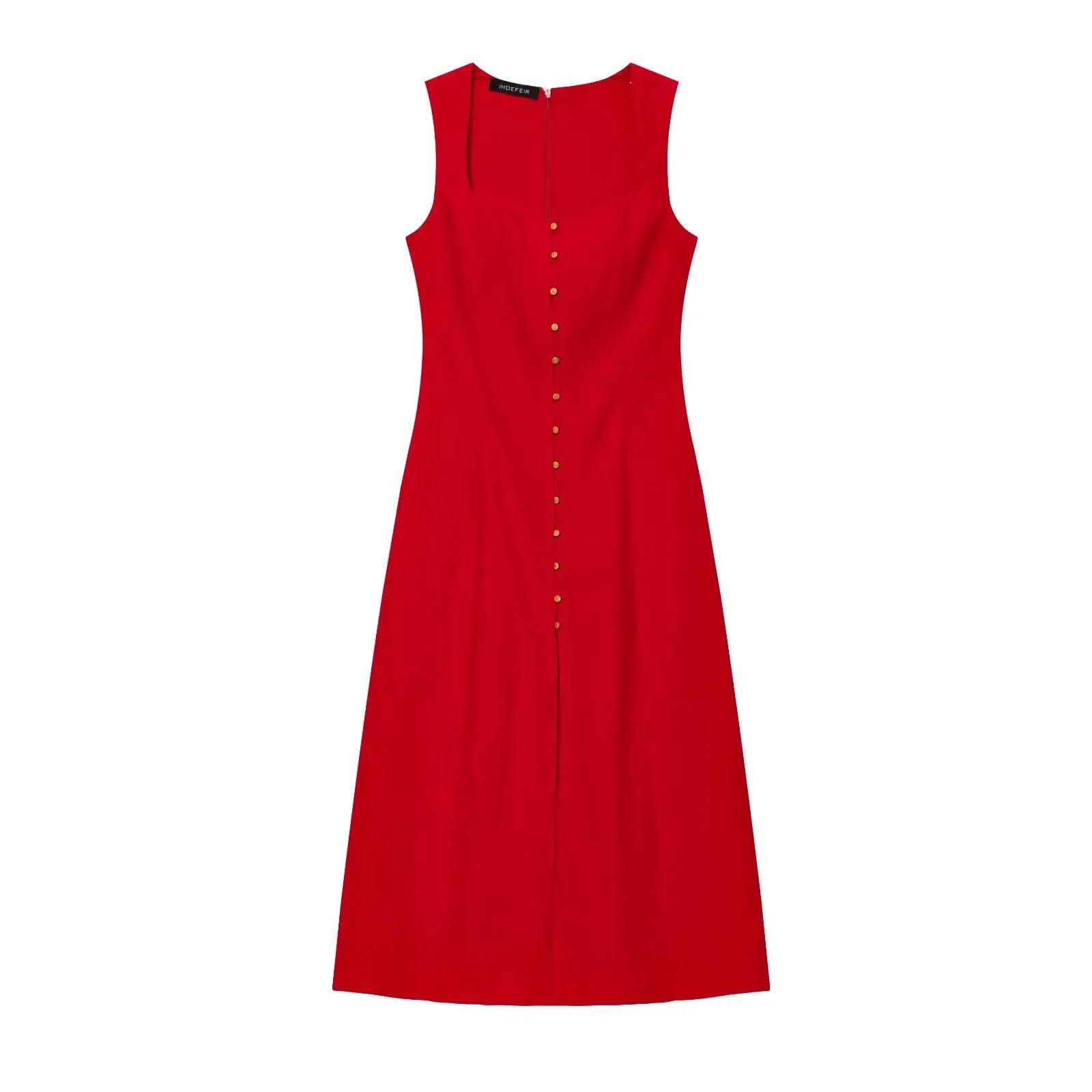 Lunarie Belle Éclat Dress: Chic Boho Midi with Square Neckline and Sophisticated Button Details