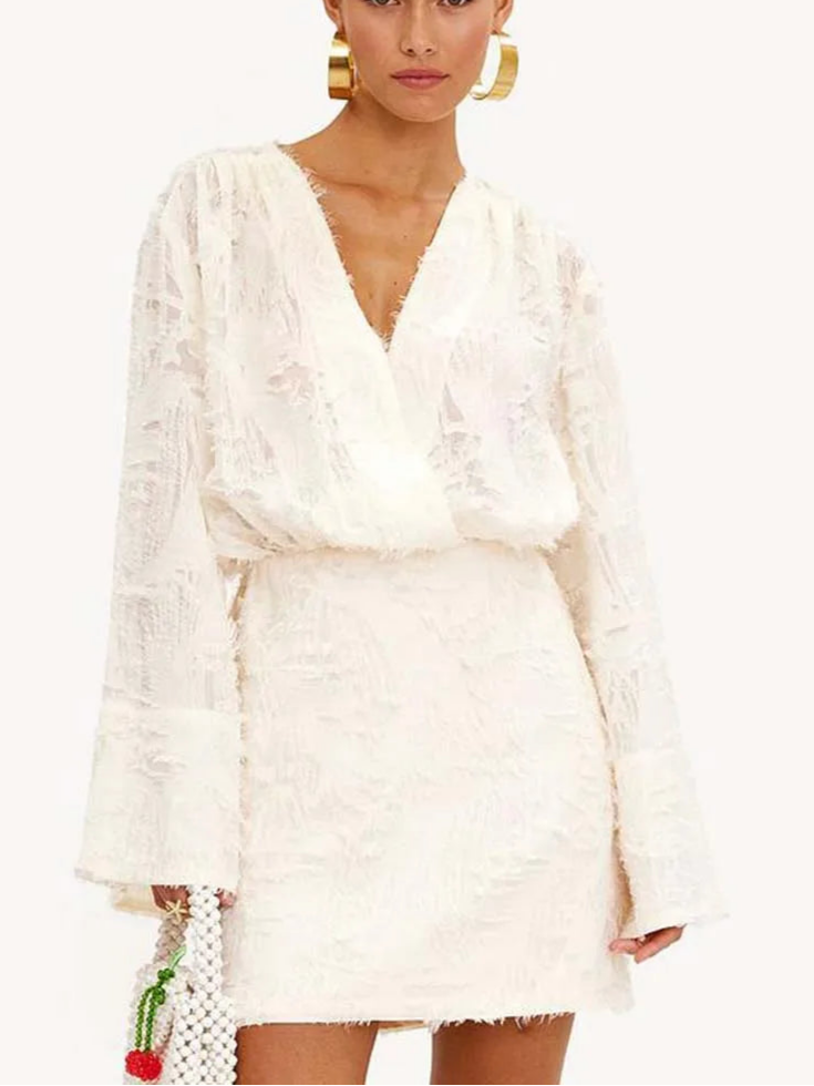 Lunarie Feather Touch Dress: Elegant Feathered Mini with V-Neckline