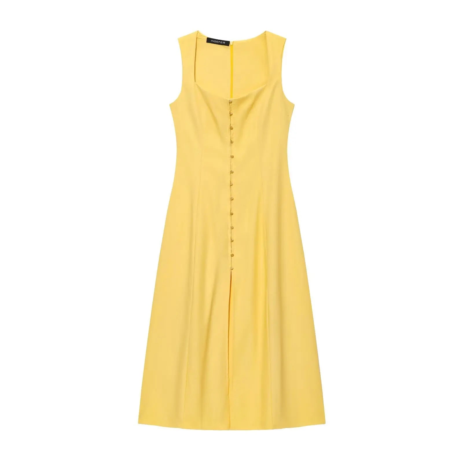 Lunarie Belle Éclat Dress: Chic Boho Midi with Square Neckline and Sophisticated Button Details
