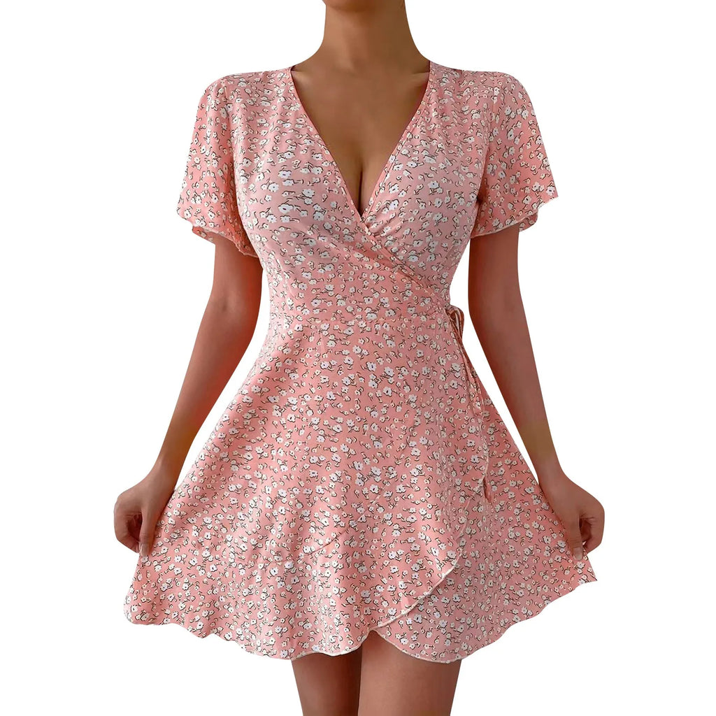 Lunarie Verano Chic Dress: Printed V-Neck Mini for Vibrant Summers