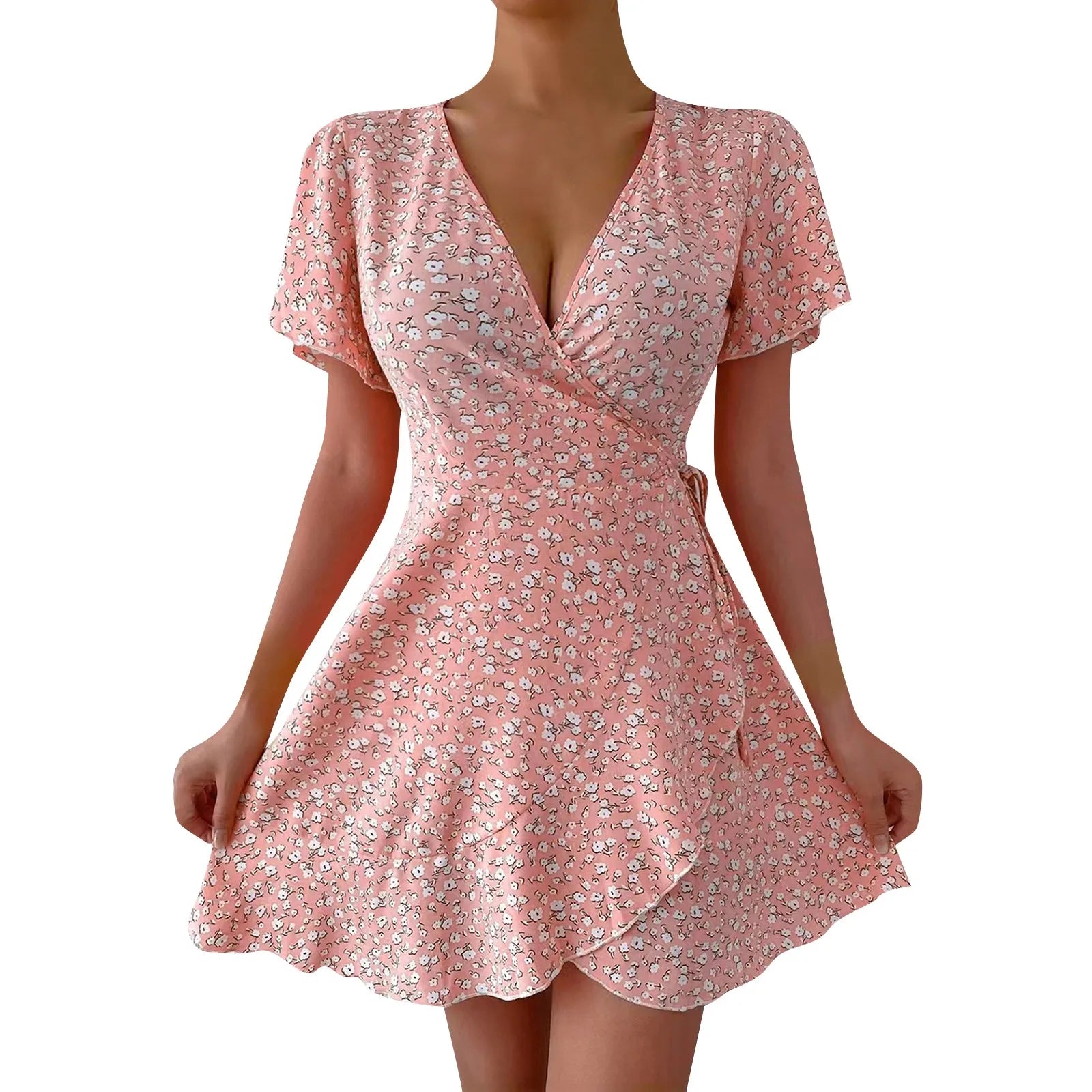 Lunarie Verano Chic Dress: Printed V-Neck Mini for Vibrant Summers