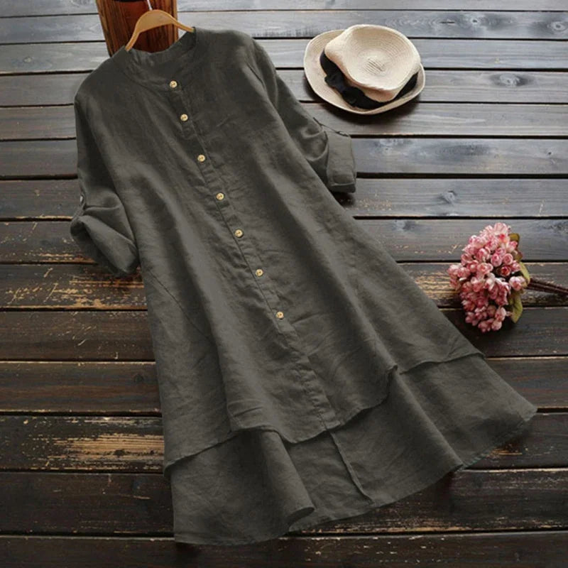 Lunarie Urban Flow Dress: Vintage Hi-Low Shirt Dress in Cotton-Linen Blend