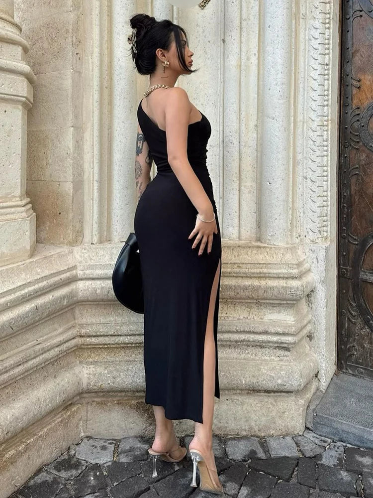 Lunarie Black Sheath Dress: Sexy Split Elegance for Memorable Nights