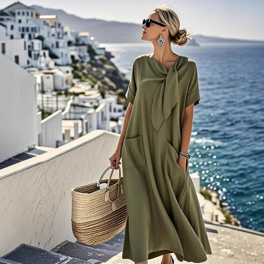 Lunarie Bow Grace Dress: Flowing Maxi with Bow and Pockets for Summer 2025