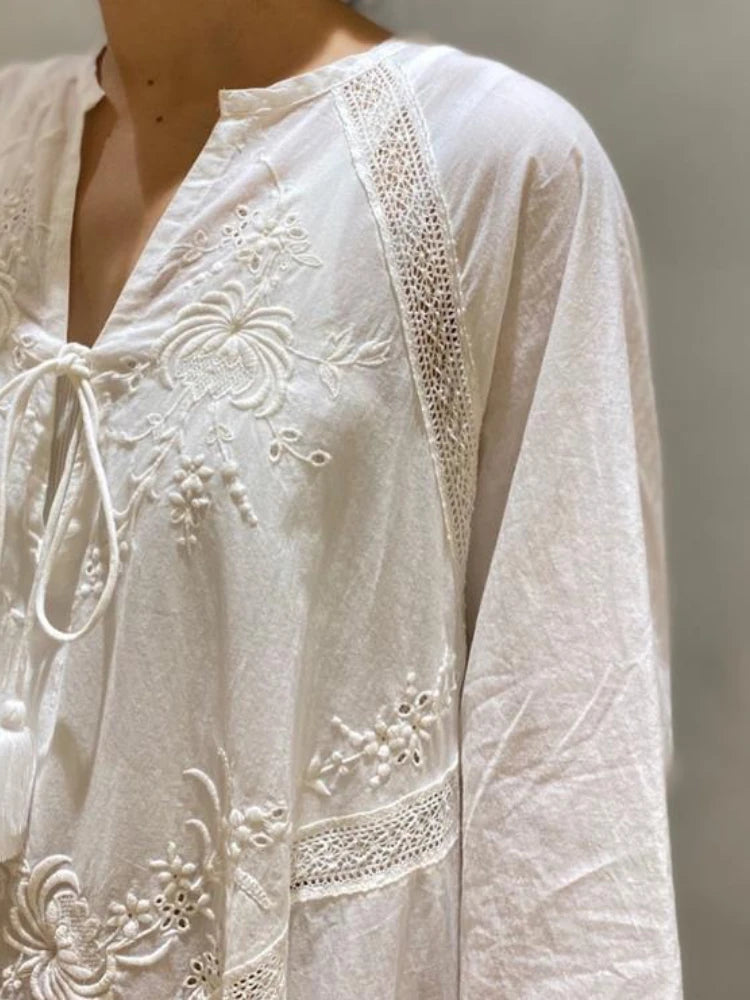 Lunarie Breeze Dress: Oversized Cotton-Linen Maxi with Embroidery and V-Neck