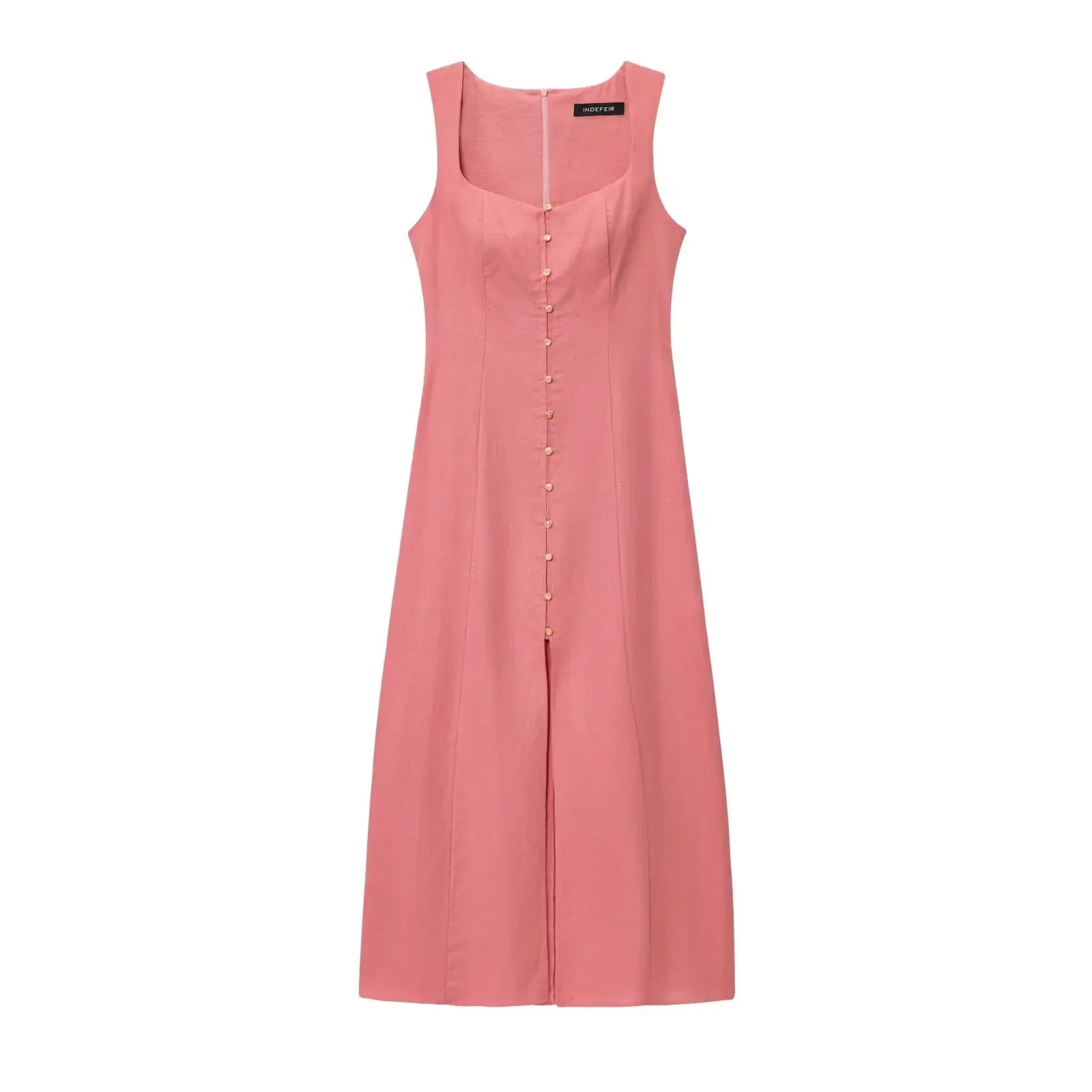 Lunarie Belle Éclat Dress: Chic Boho Midi with Square Neckline and Sophisticated Button Details