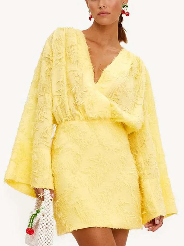 Lunarie Feather Touch Dress: Elegant Feathered Mini with V-Neckline