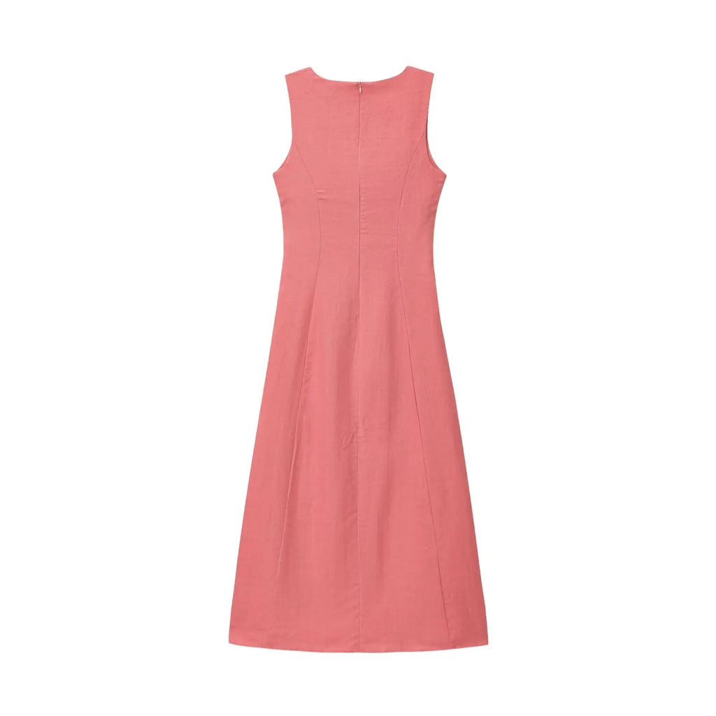 Lunarie Belle Éclat Dress: Chic Boho Midi with Square Neckline and Sophisticated Button Details