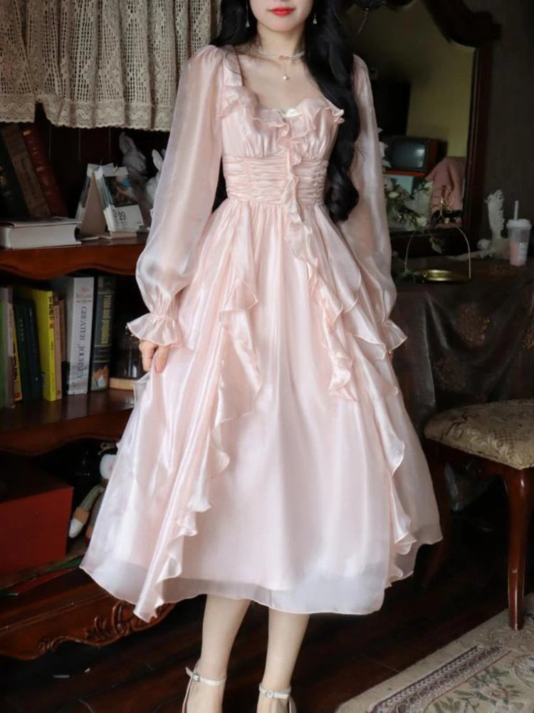 Lunarie Fairy Elegance Dress: Vintage Midi with Ruffles and A-Line Silhouette for Autumn