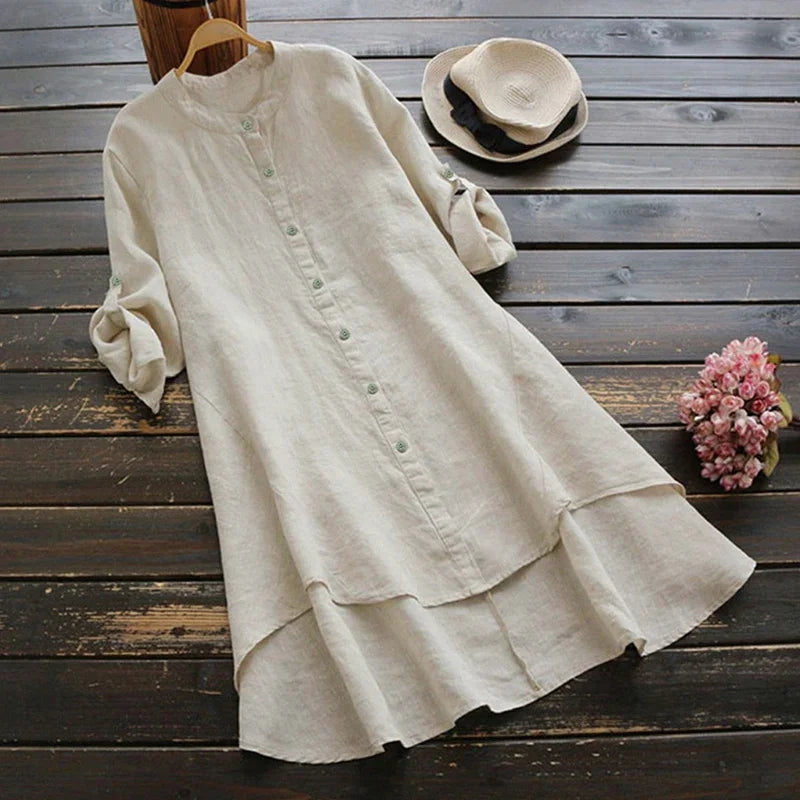 Lunarie Urban Flow Dress: Vintage Hi-Low Shirt Dress in Cotton-Linen Blend