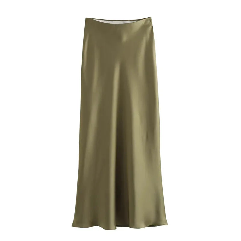 Lunarie Satin Elegance Skirt: High-Waist Midi Flow for Modern Women