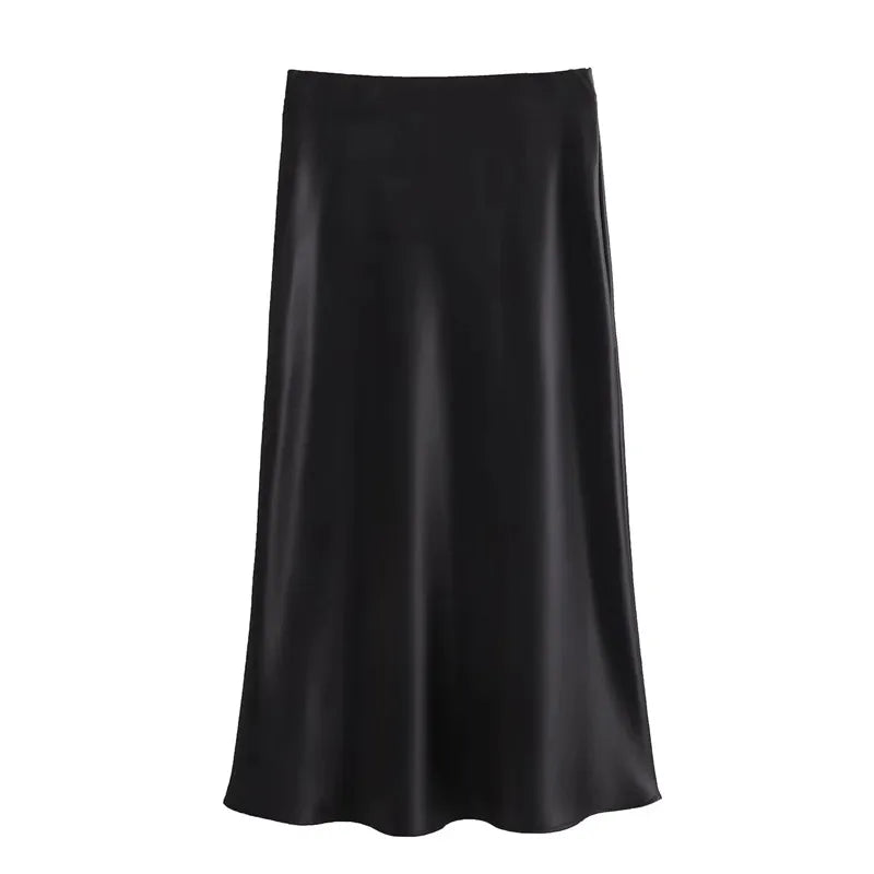 Lunarie Satin Elegance Skirt: High-Waist Midi Flow for Modern Women
