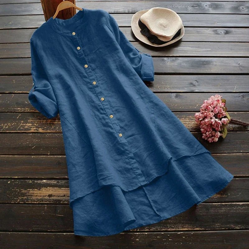 Lunarie Urban Flow Dress: Vintage Hi-Low Shirt Dress in Cotton-Linen Blend