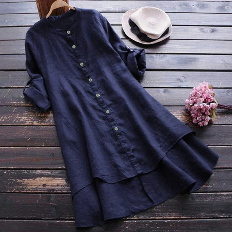 Lunarie Urban Flow Dress: Vintage Hi-Low Shirt Dress in Cotton-Linen Blend
