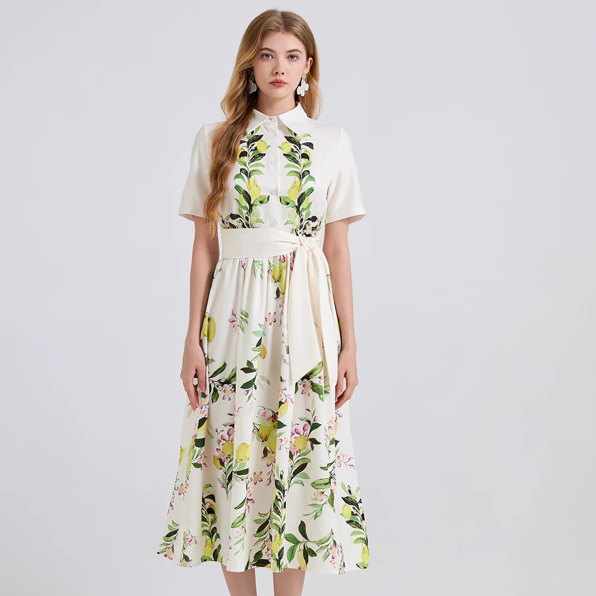 Lunarie Pears Bloom Dress: Floral Midi with Casual Elegance and Feminine Silhouette