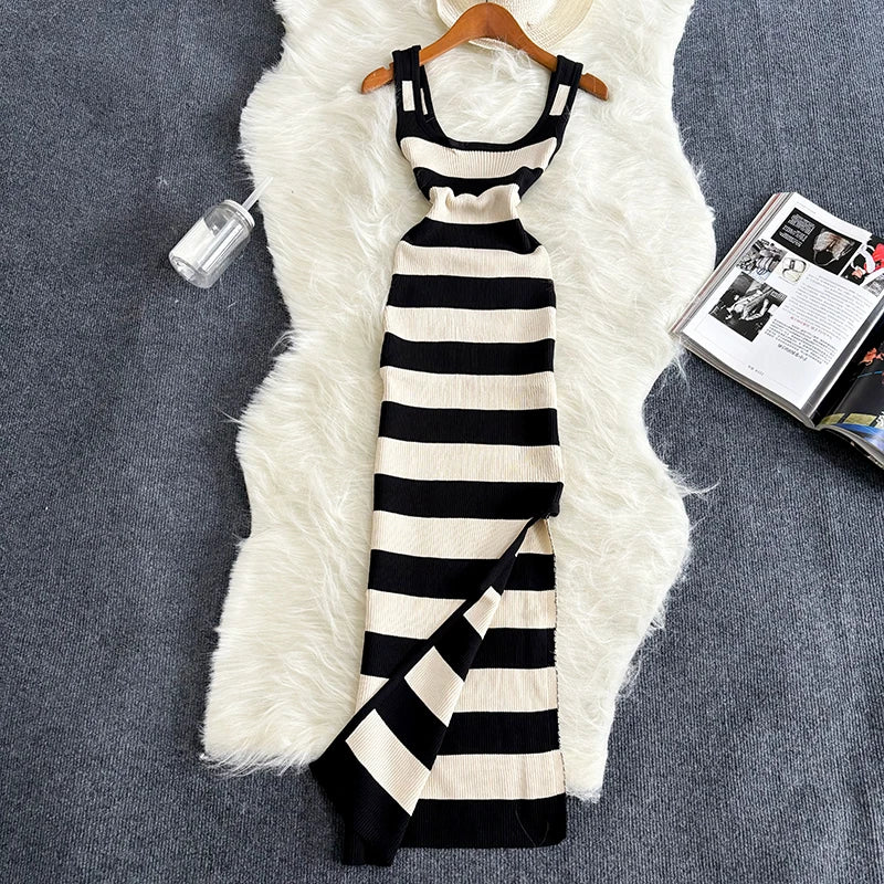 Lunarie Stripe Luxe Dress: Casual Elegance with a Sensual Touch
