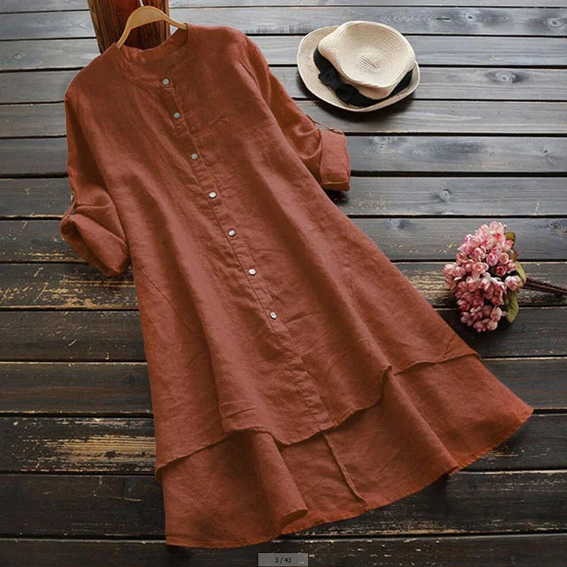 Lunarie Urban Flow Dress: Vintage Hi-Low Shirt Dress in Cotton-Linen Blend