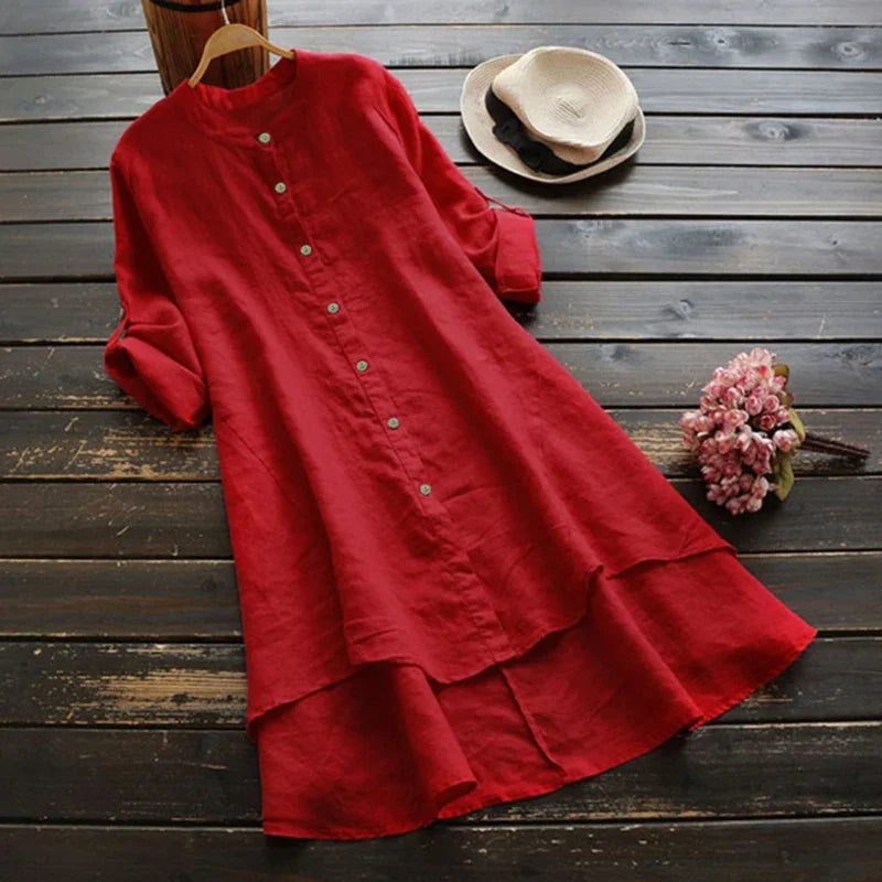 Lunarie Urban Flow Dress: Vintage Hi-Low Shirt Dress in Cotton-Linen Blend
