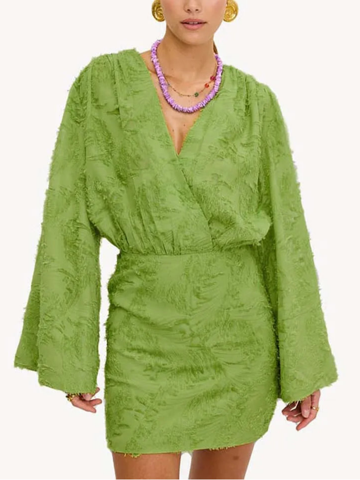 Lunarie Feather Touch Dress: Elegant Feathered Mini with V-Neckline