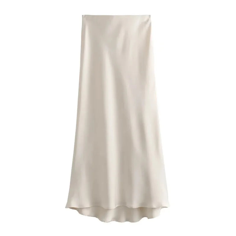 Lunarie Satin Elegance Skirt: High-Waist Midi Flow for Modern Women