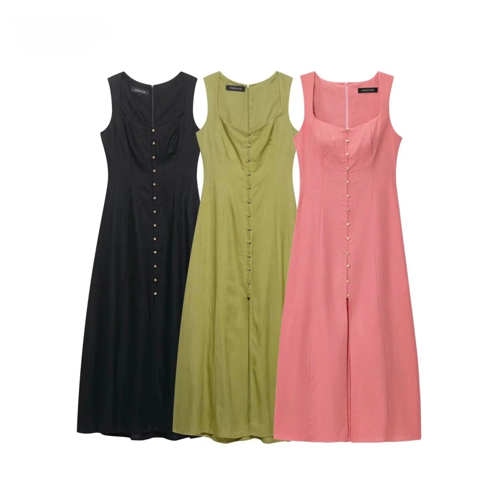 Lunarie Belle Éclat Dress: Chic Boho Midi with Square Neckline and Sophisticated Button Details