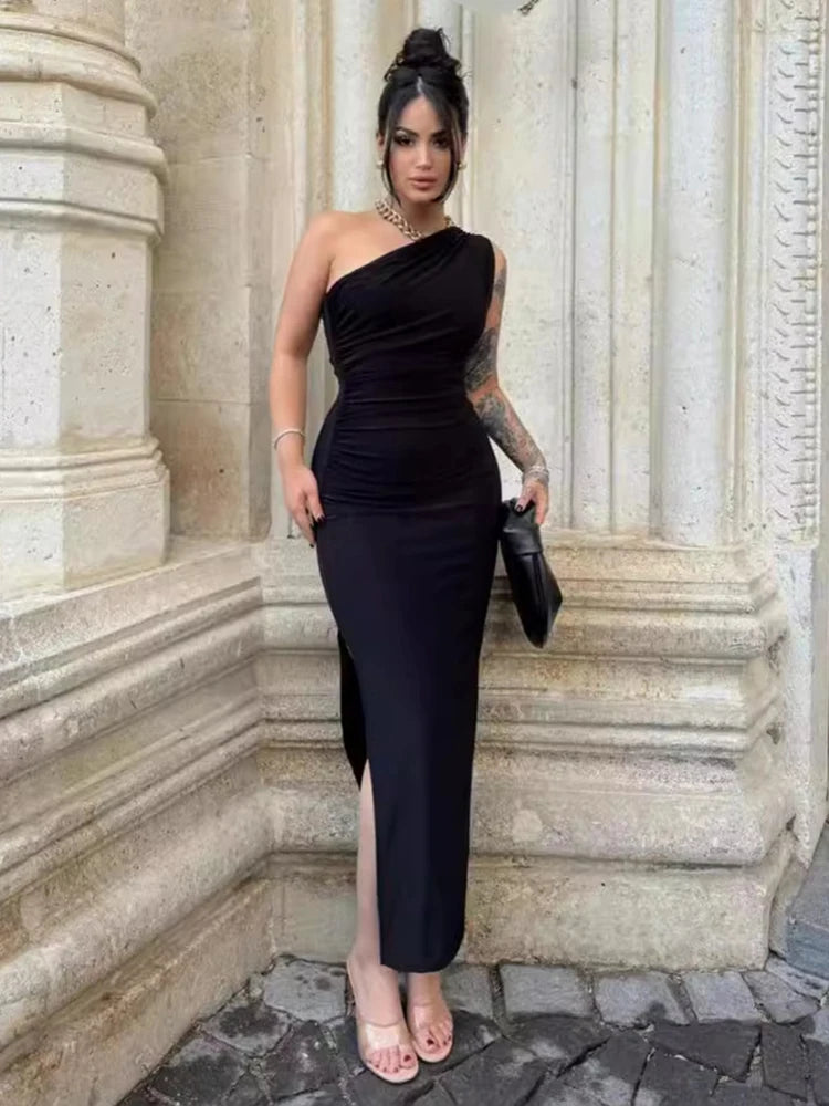 Lunarie Black Sheath Dress: Sexy Split Elegance for Memorable Nights