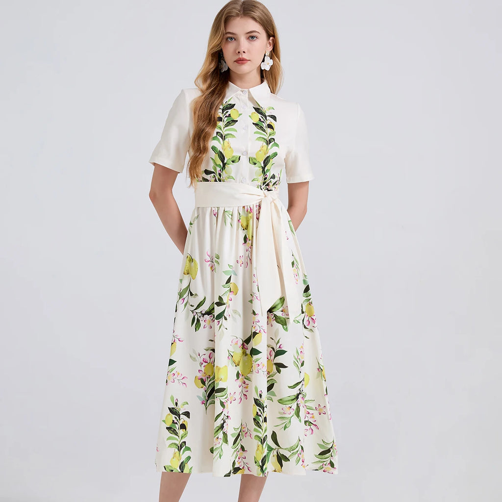 Lunarie Pears Bloom Dress: Floral Midi with Casual Elegance and Feminine Silhouette