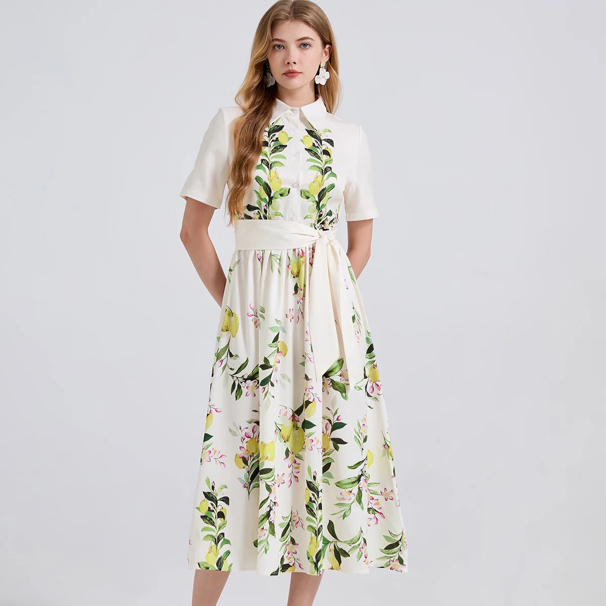 Lunarie Pears Bloom Dress: Floral Midi with Casual Elegance and Feminine Silhouette