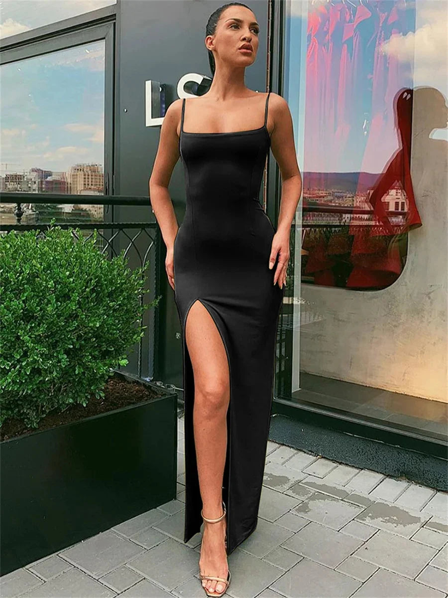 Lunarie Sheath Luxe Dress: Slim Elegance with Delicate Straps and Sophisticated Split