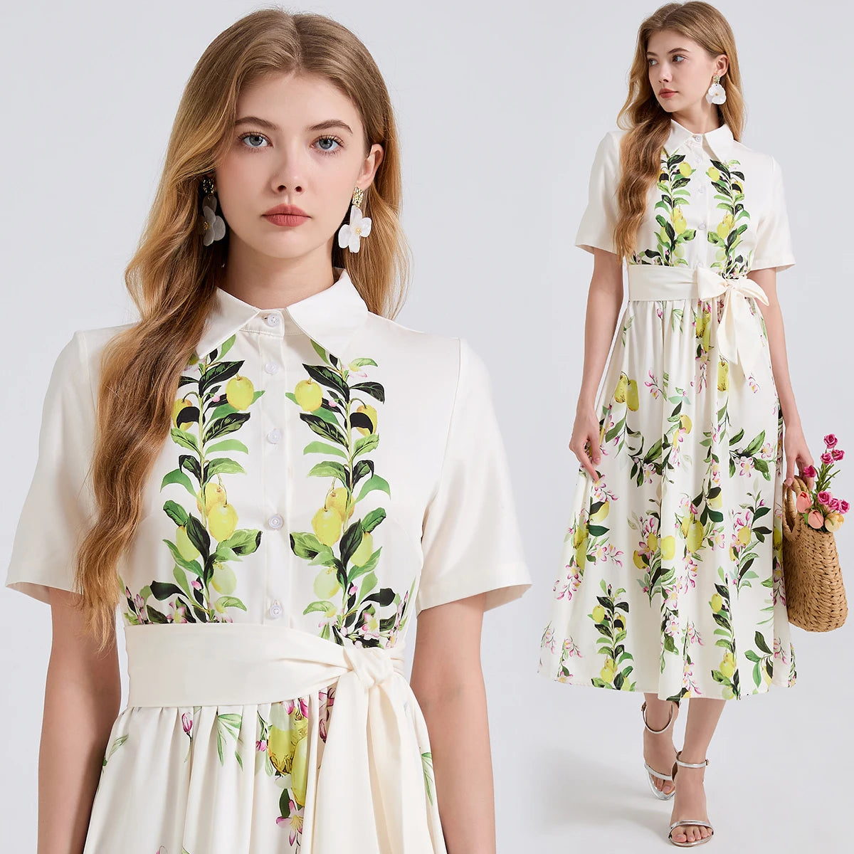 Lunarie Pears Bloom Dress: Floral Midi with Casual Elegance and Feminine Silhouette