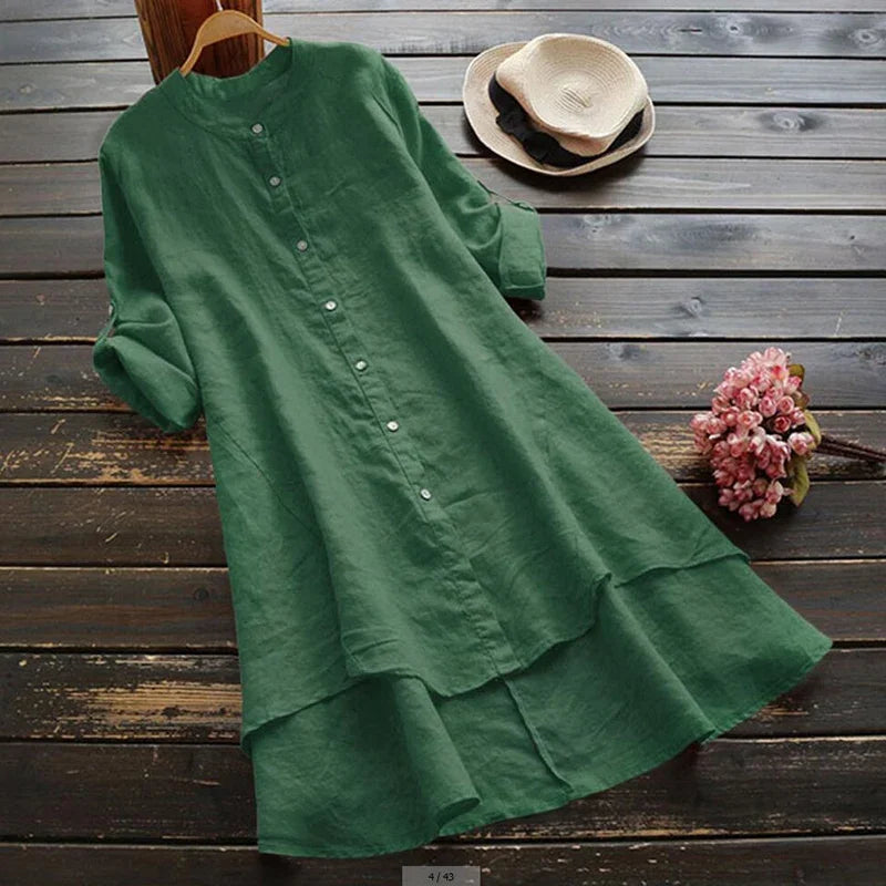 Lunarie Urban Flow Dress: Vintage Hi-Low Shirt Dress in Cotton-Linen Blend