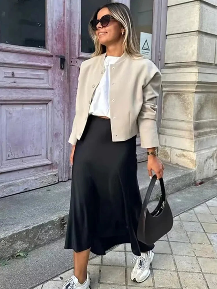Lunarie Satin Elegance Skirt: High-Waist Midi Flow for Modern Women