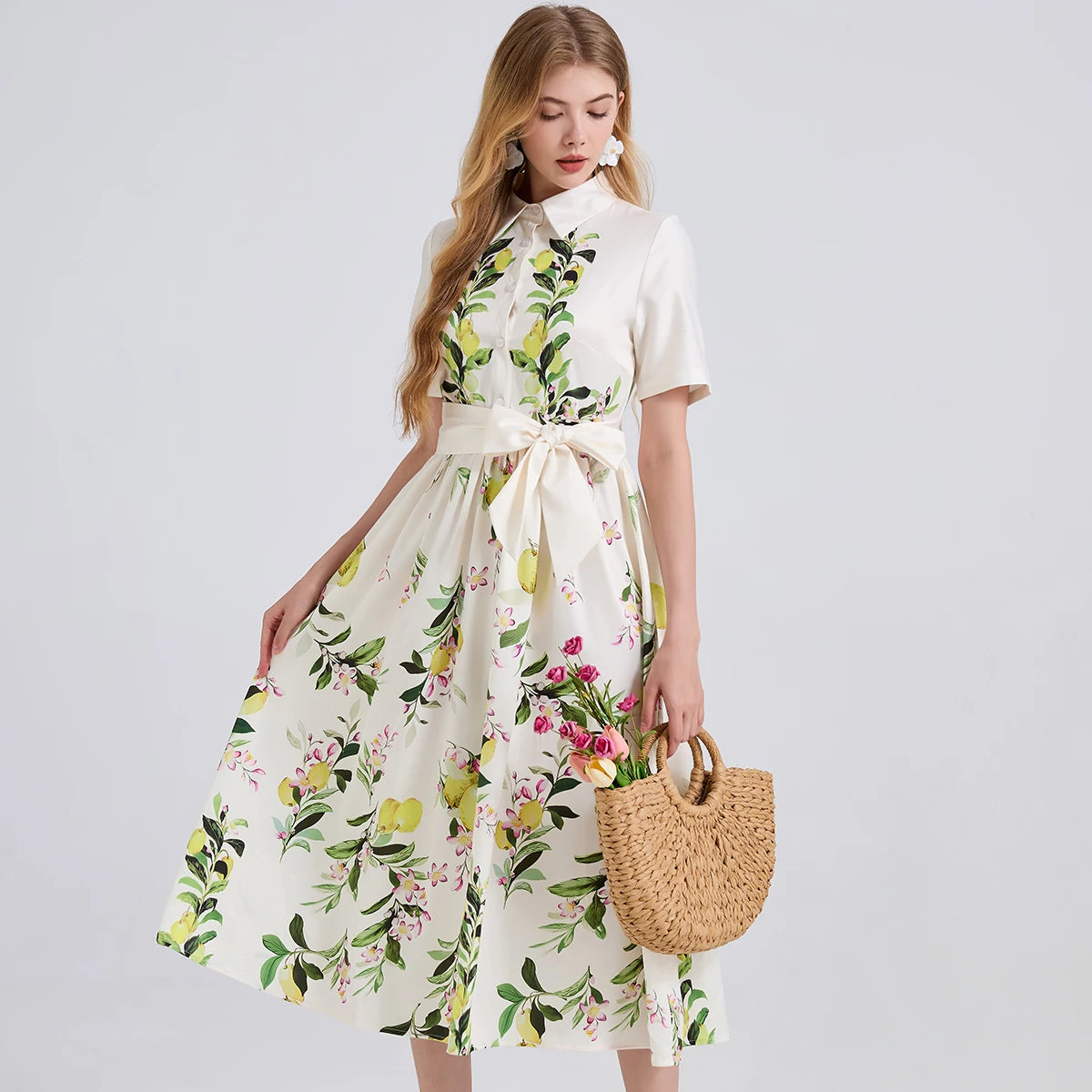Lunarie Pears Bloom Dress: Floral Midi with Casual Elegance and Feminine Silhouette