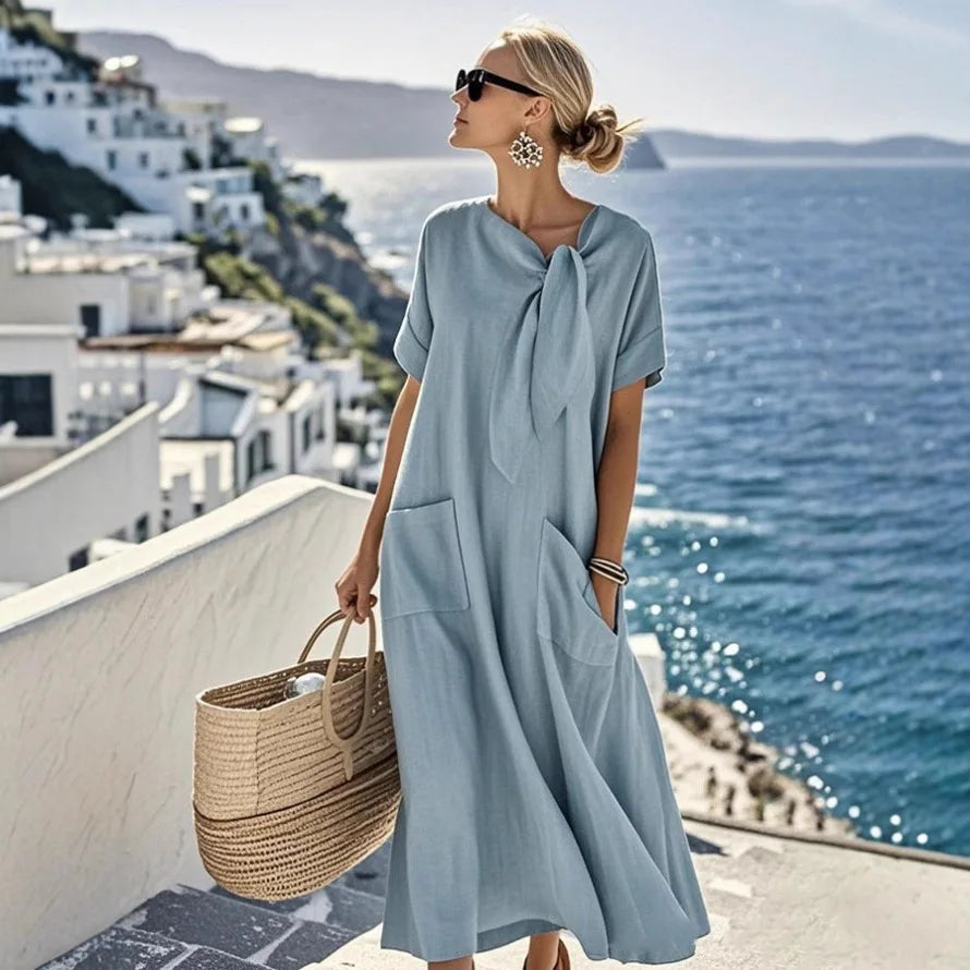 Lunarie Bow Grace Dress: Flowing Maxi with Bow and Pockets for Summer 2025
