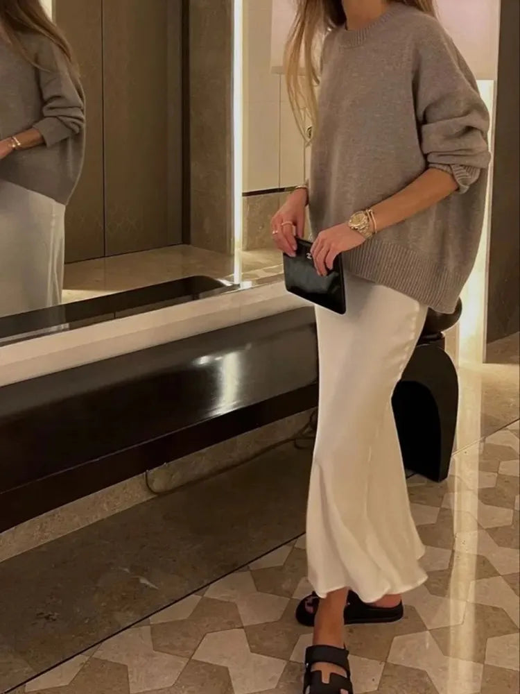 Lunarie Satin Elegance Skirt: High-Waist Midi Flow for Modern Women