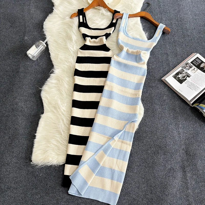 Lunarie Stripe Luxe Dress: Casual Elegance with a Sensual Touch