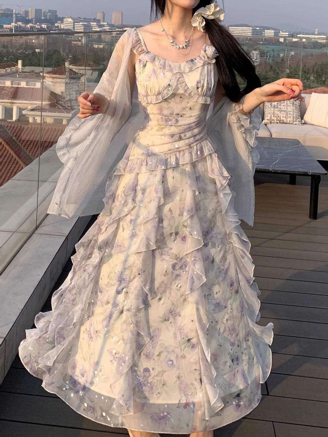 Lunarie Fairy Elegance Dress: Vintage Midi with Ruffles and A-Line Silhouette for Autumn