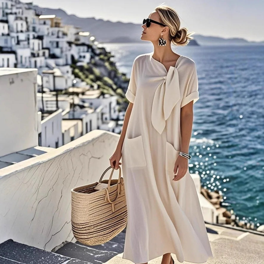Lunarie Bow Grace Dress: Flowing Maxi with Bow and Pockets for Summer 2025