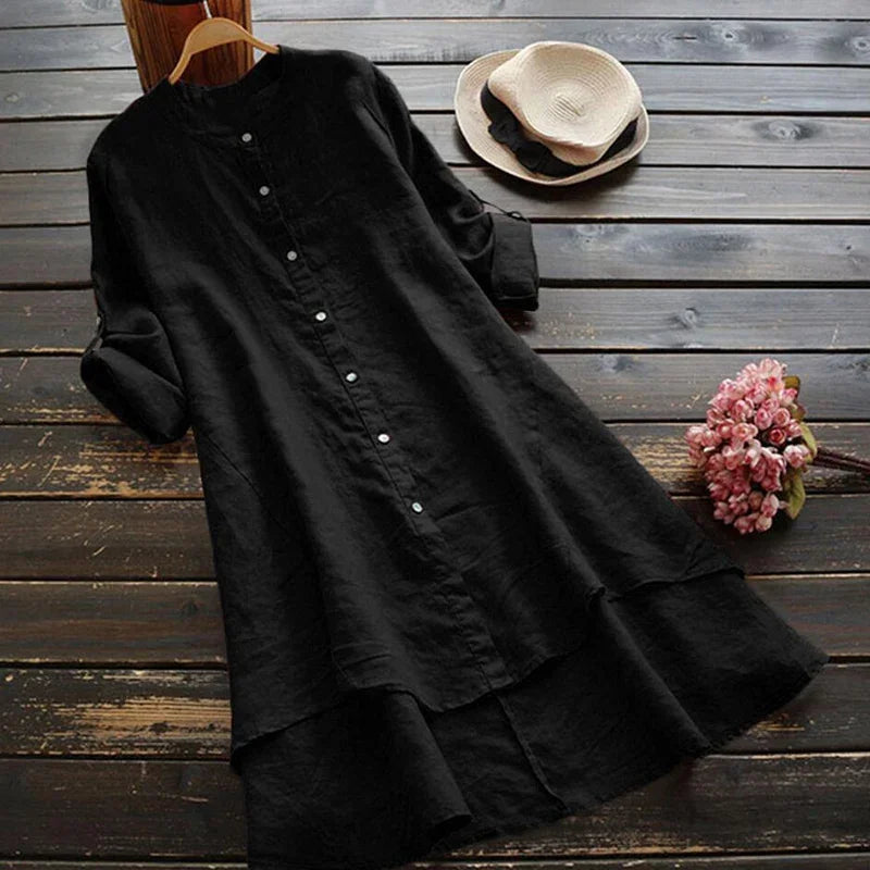 Lunarie Urban Flow Dress: Vintage Hi-Low Shirt Dress in Cotton-Linen Blend