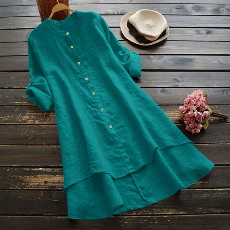 Lunarie Urban Flow Dress: Vintage Hi-Low Shirt Dress in Cotton-Linen Blend