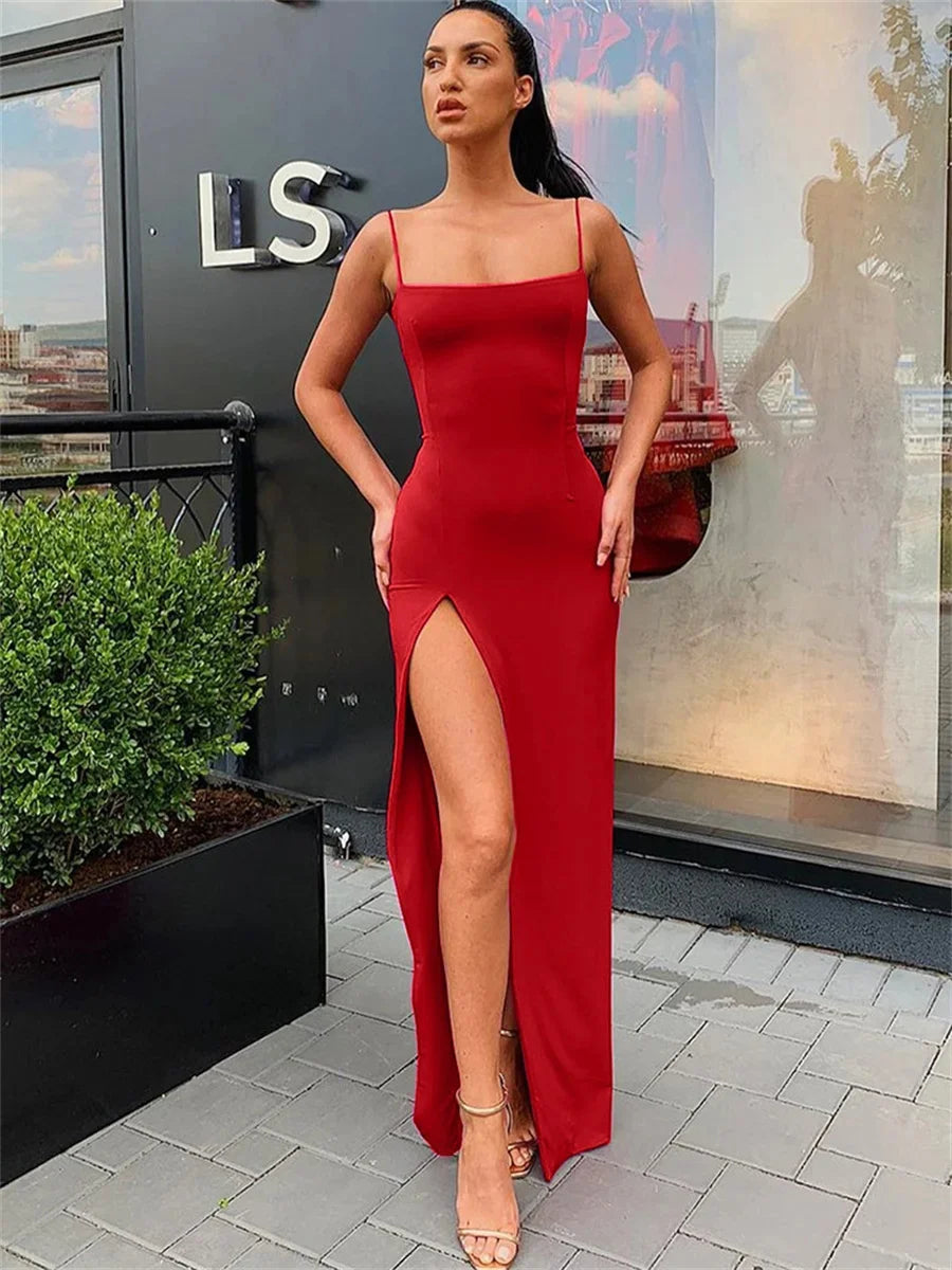 Lunarie Sheath Luxe Dress: Slim Elegance with Delicate Straps and Sophisticated Split